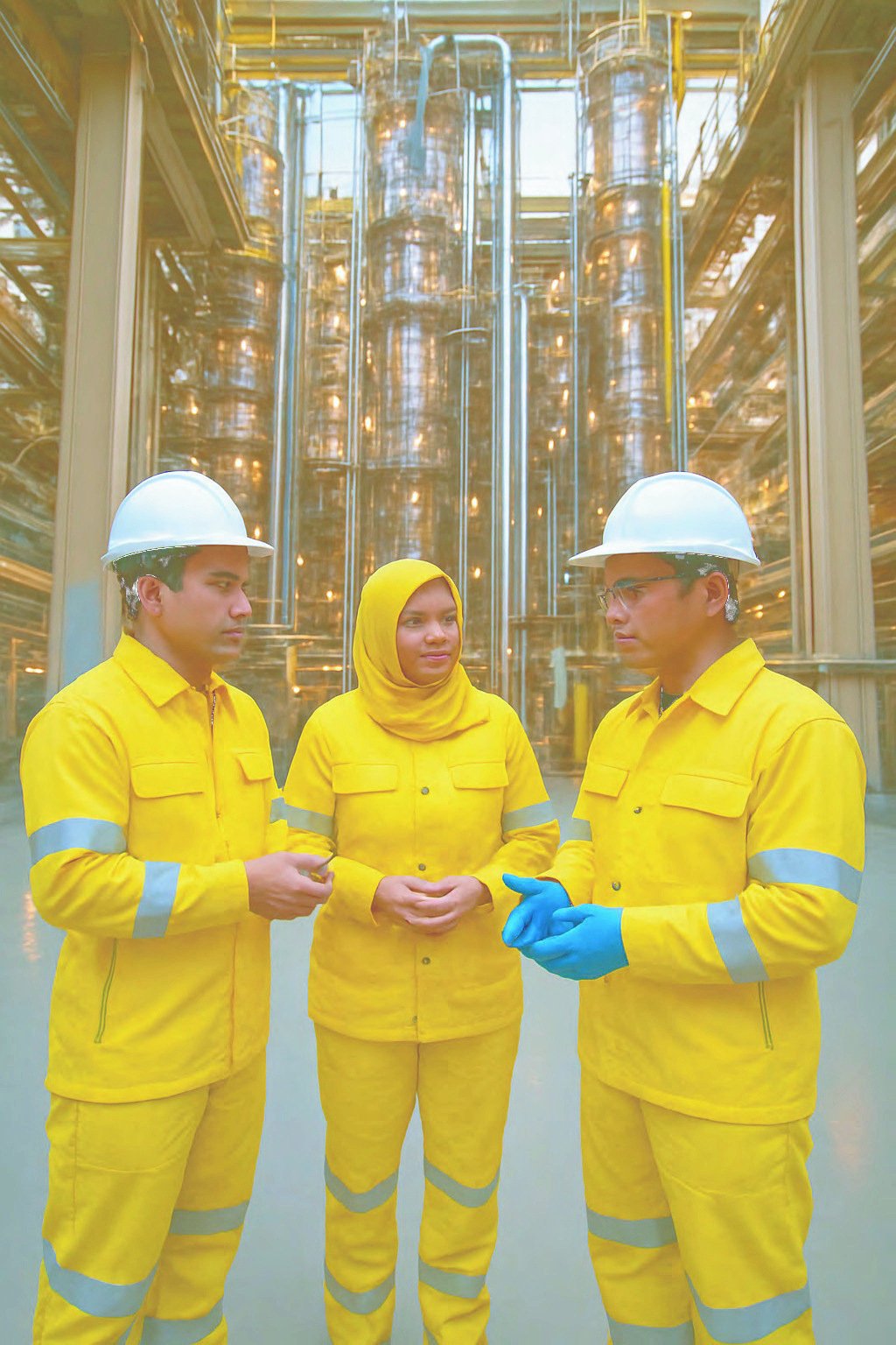 Malaysian industrial workers in PETRONAS-grade FR coveralls and PPE inside a petrochemical facility